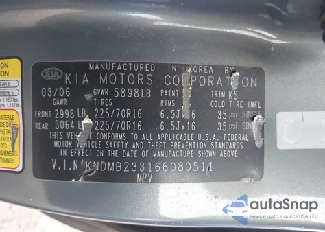 2006 Kia Sedona Ex/Lx из США, поврежденный, VIN KNDMB233166080511